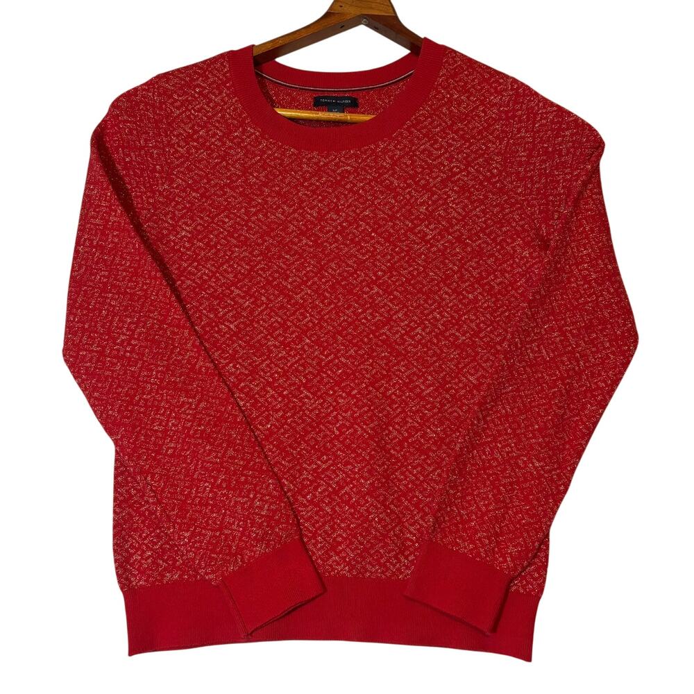 Tommy Hilfiger Women Red & Gold-Toned Embroidered Shimmery Pullover Sweater Sz S - Picture 1 of 7